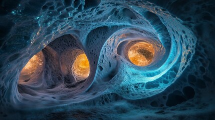 Poster - intricate blue and orange abstract formation resembling deep-sea structures illuminated by glowing o