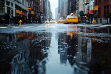 Wall Mural - NYC streets after rain with reflections on wet asphalt, Generative AI