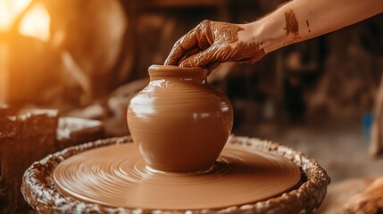 A skilled potter shapes a clay pot on a spinning wheel in a warm, rustic studio, showcasing the art of pottery making.