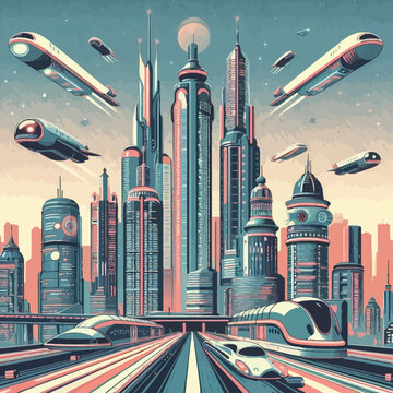 Retro-futuristic city skyline illustration