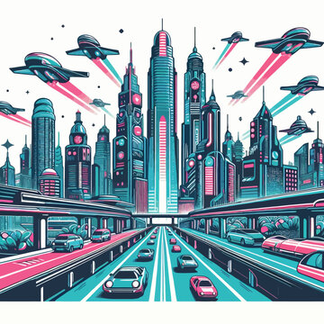 Retro-futuristic city skyline illustration