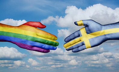 Sweden and LGBT movement country handshaking with flags, consensus concept international co-operation illustration