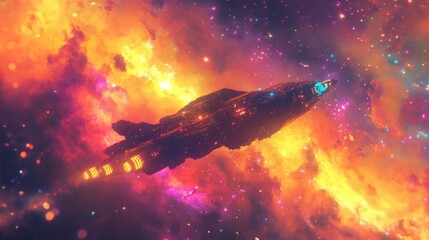 Poster - A spaceship flying through a colorful nebula