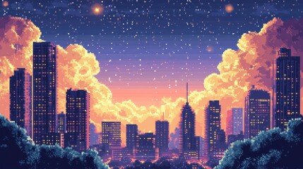 Wall Mural - Pixelated Cityscape with Sunset and Starry Sky