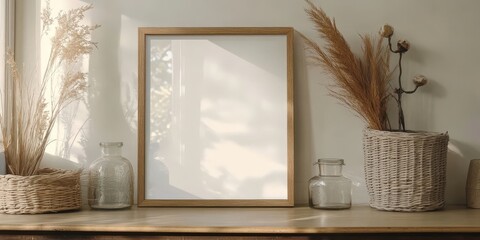 Wall Mural - Simple Beige Background with Frame and Natural Decor