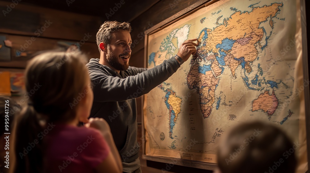 A man teaches children geography using a colorful world map, enhancing ...