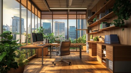 A modern office with wood walls, desks, and chairs. It has computers, shelves, and big windows looking out at the city. This design shows the idea of a shared workspace.