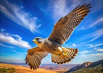 A majestic falcon glides effortlessly across the radiant blue expanse, its sharp eyes scouring the terrain for the perfect prey.