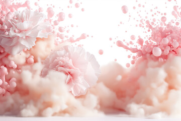 Poster - Delicate pink flowers are surrounded by fluffy clouds and colorful splashes, forming a soothing and whimsical backdrop perfect for a variety of uses