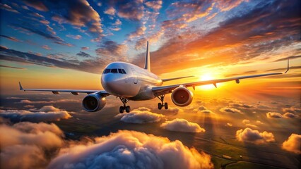 Wall Mural - Passenger airplane is flying over dramatic clouds during a beautiful sunset