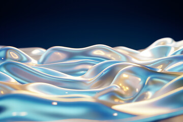 Poster - The artwork features undulating waves of a shiny, iridescent material, flowing gracefully across a tranquil blue background, evoking a sense of calm and fluidity
