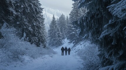 A family hiking through a snowy mountain trail, surrounded by towering frosted pines and fresh snow underfoot.