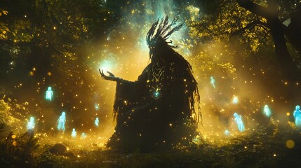 10. A powerful shaman conducting a ritual in a sacred grove filled with glowing spirits