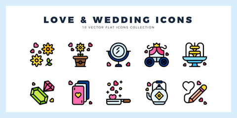 10 Love And Wedding Lineal Color icon pack. vector illustration.