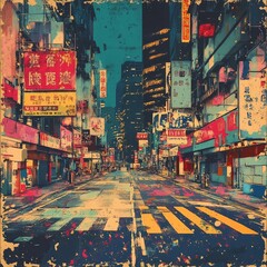 Wall Mural - Retrofuturistic Hong Kong city streets illustartion, granular texture, Generative AI