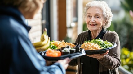 A woman is holding a tray of food and smiling at another woman