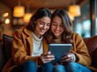 © Andrew505 - Friends Using Digital Tablet: Two Women in Cozy Cafe Browsing on Shared Device, Enjoying Technology and Companionship in Warm Ambient Setting