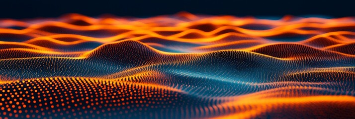 Wall Mural - Abstract digital landscape with glowing orange and blue waves.