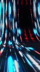 Poster - Neon streams move along curved trajectory on black background. Animation. Bright tracks with moving neon lines for racing in cyberspace. Neon tracks with bends for computer racing