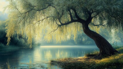 Poster - A serene willow tree stands by the tranquil riverbank at dawn, casting reflections in the calm water surrounded by mist