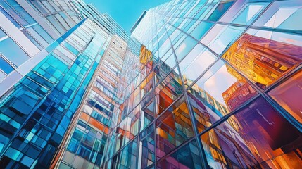 Wall Mural - A low angle view of a glass skyscraper reflecting the surrounding buildings.