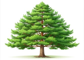 A vibrant green pine tree stands tall with a sturdy brown trunk and lush, full branches against a crisp white backdrop.