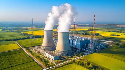 Aerial view of modern nuclear power plant with cooling towers emitting steam against clear blue sky, surrounded by lush green fields, symbolizing clean energy and environmental balance