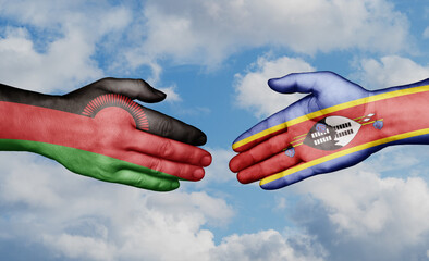 Eswatini formerly Swaziland and Malawi country handshaking with flags, consensus concept international co-operation illustration