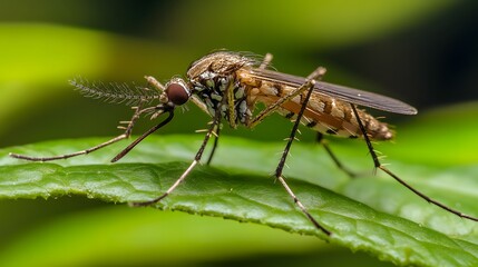 Wall Mural - Close-up of mosquito resting on leaf in tropical forest, emphasizing its role in transmitting viruses, shallow depth of field