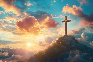 Cross of Jesus Christ in the sky with clouds. Christian easter. Conceptual religious symbol. Cross on top of a mountain, on a background of sky, clouds and beautiful sunset, with generative ai