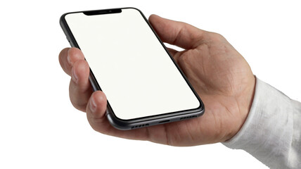 Hand showing smartphone with blank screen isolated on transparent background.
