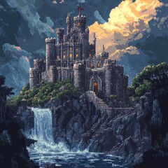 Poster - A Majestic Stone Castle Perched on a Clifftop with a Waterfall Cascading Below