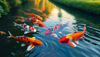 Tranquil canal scene featuring vivid koi fish surrounded by lush greenery and serene waters