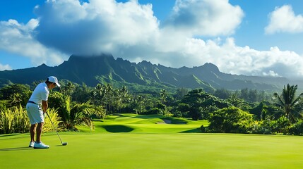 Canvas Print - A golfer prepares to take a swing on a golf course with a large mountain range in the background.