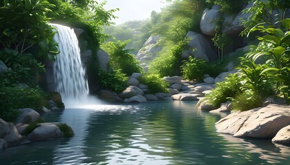 Serene waterfall nestled in vibrant greenery and rugged rocks, creating a peaceful natural oasis