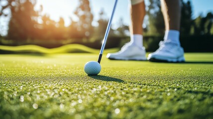 Wall Mural - A golfer lines up a putt on a green golf course.