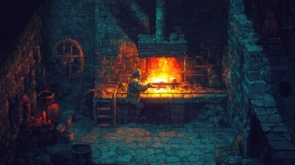 A solitary figure tending a fireplace in a stone-walled room.