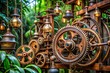 © Sandra - Copper, wood, and leather mechanical contraptions whir with intricate gear systems, showcasing innovative ingenuity amidst lush natural surroundings, blending technology with organic beauty.