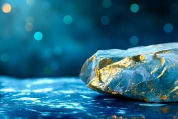 Poster - A vibrant mineral rock featuring dazzling blue hues with shimmering gold accents rests on a reflective surface, offering a striking background that enhances any space's aesthetic