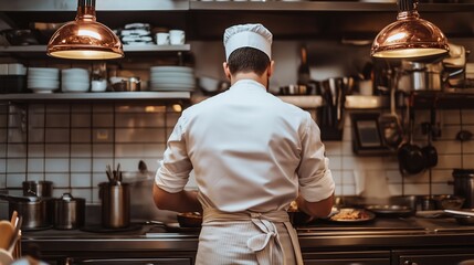 A chef is cooking in a kitchen with a white apron and a hat