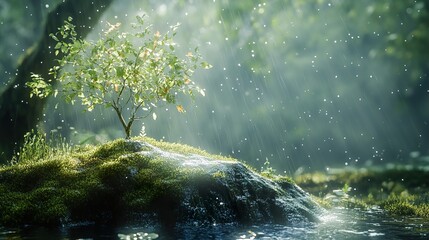 Sticker - Rain-Kissed Forest: A Tranquil Scene of Nature