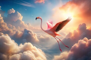 Wall Mural - Flamingo flying through peaceful sunset sky