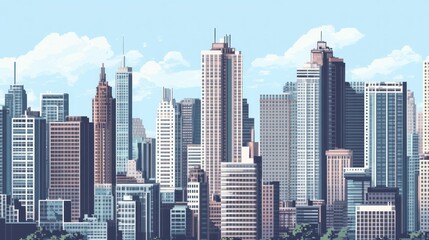 Canvas Print - Pixelated Cityscape with Skyscrapers and Clouds