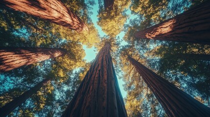 Green forest tree tall perspective view from lower with sun light nature environment