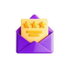 Poster - A colorful 3D icon of an envelope with a feedback card featuring three stars. The envelope is purple while the card is yellow, ideal for ratings.
