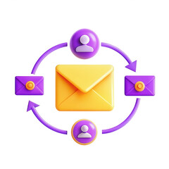 Poster - A 3D rendered icon depicting email communication with yellow envelope, purple circular features, and arrows indicating interaction among users.