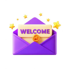 Poster - A colorful 3D rendering of a purple envelope with a welcome letter inside and yellow stars around it. This icon represents greetings.