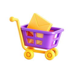 Poster - A vibrant 3D illustration of a shopping cart in purple and yellow, holding an orange envelope, representing online shopping and communication.