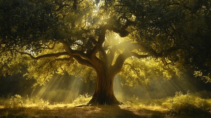 Wall Mural - Majestic old tree bathed in golden sunlight on a serene morning in a lush green forest