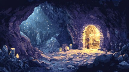 Poster - A Pixelated Cave Entrance with Glowing Crystals and a Golden Doorway